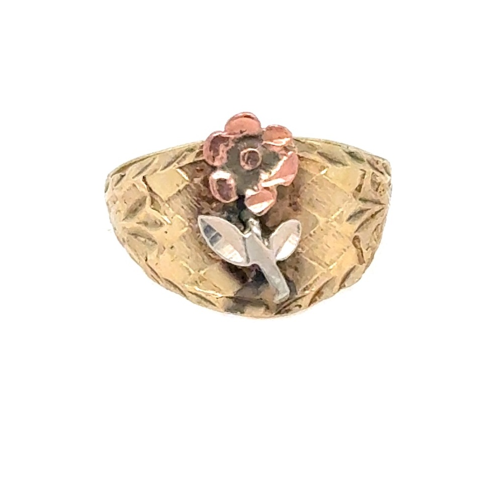 Three-Tone 10K Gold‎ Floral Band Ring - Pink, Gold & White Gold